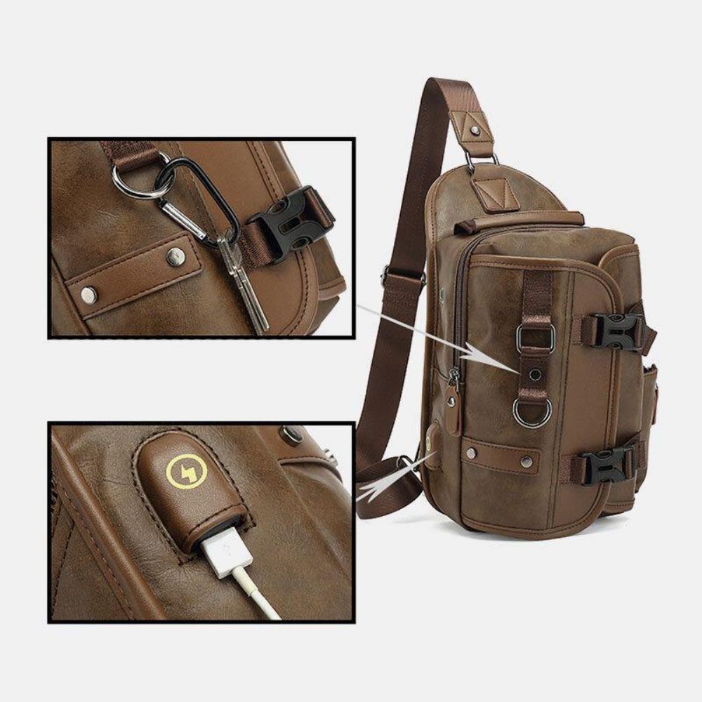 Männer Pu Leder Vintage Multifunktions Kopfhörer Loch Usb Lade Umhängetasche Brusttasche Sling Bag