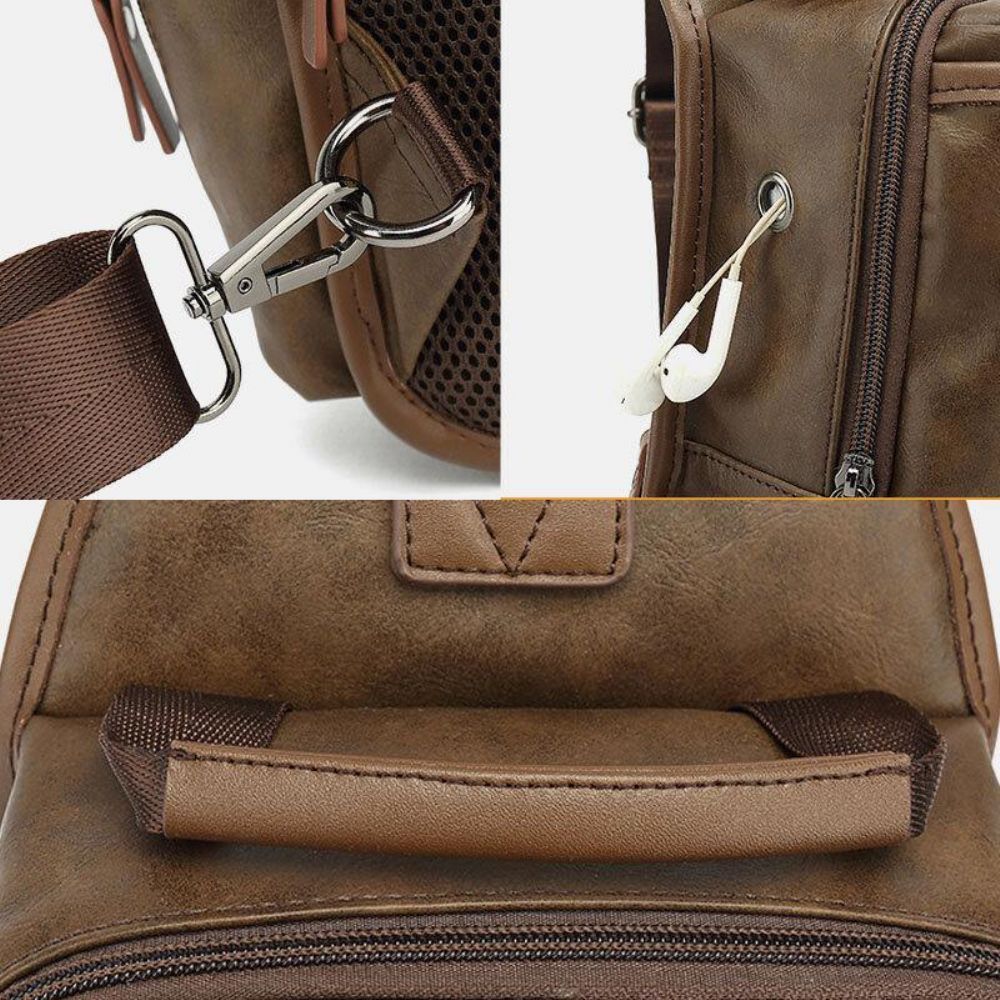 Männer Pu Leder Vintage Multifunktions Kopfhörer Loch Usb Lade Umhängetasche Brusttasche Sling Bag