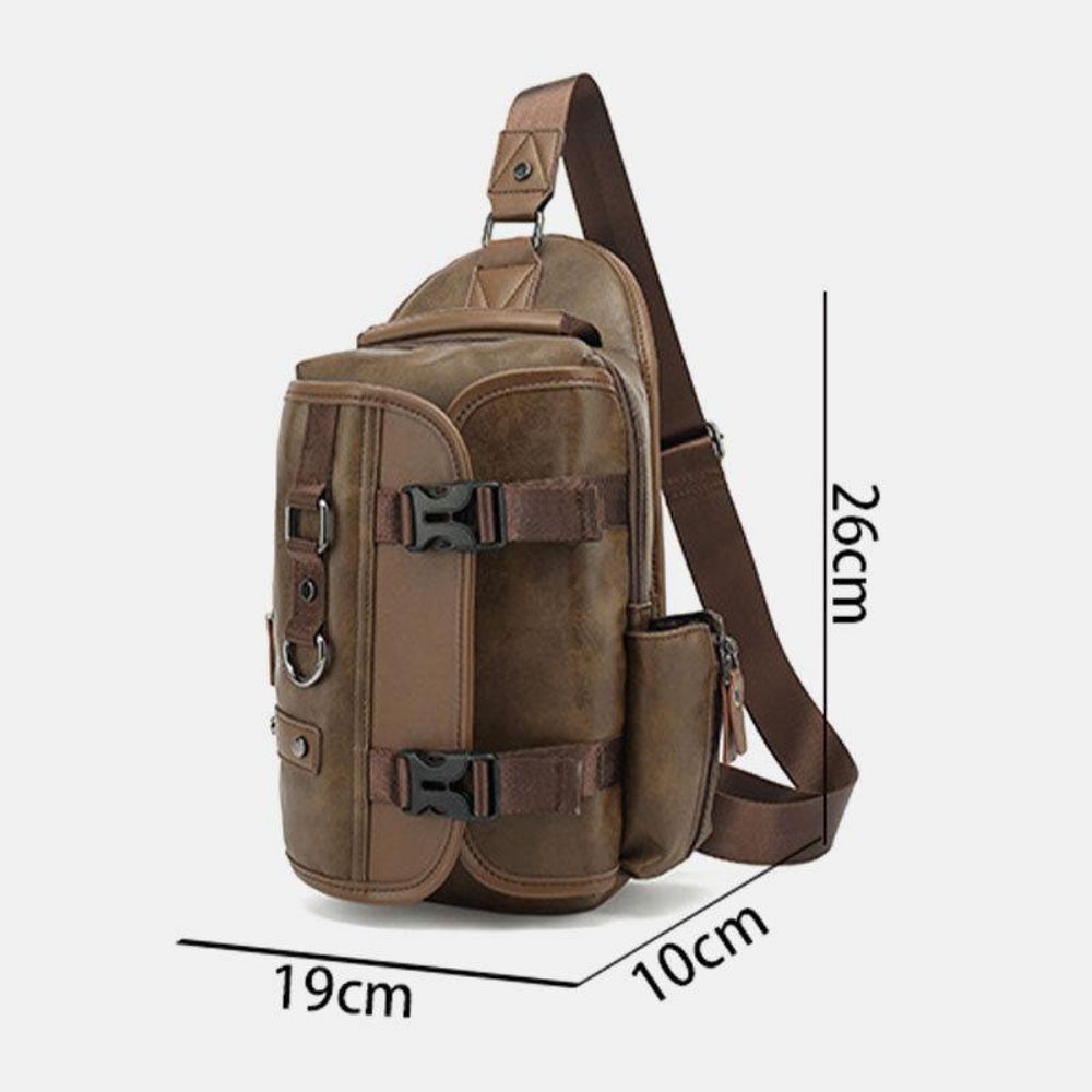 Männer Pu Leder Vintage Multifunktions Kopfhörer Loch Usb Lade Umhängetasche Brusttasche Sling Bag