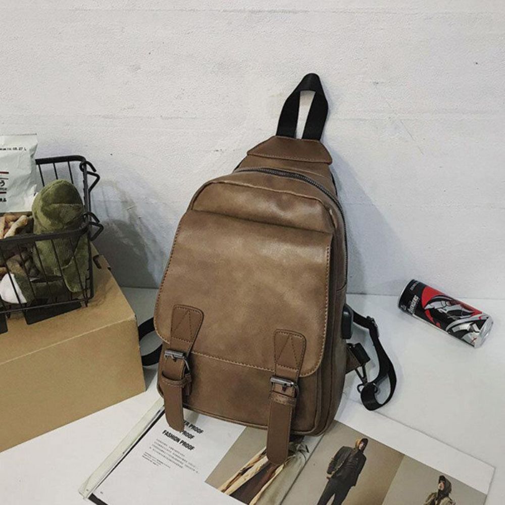 Männer Retro-Kopfhörerloch Multi-Carry-Usb-Aufladung Mehrschichtige Wasserdichte Umhängetasche Brusttasche Sling Bag