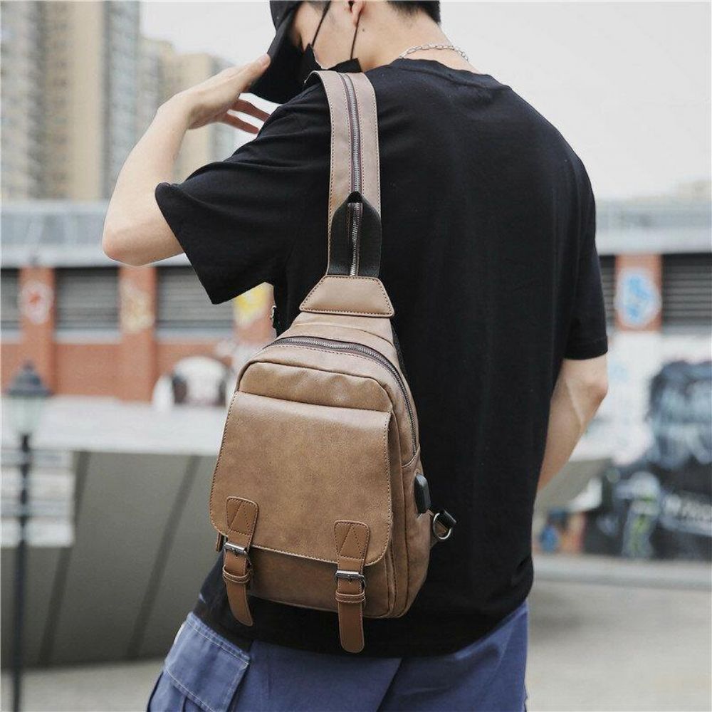 Männer Retro-Kopfhörerloch Multi-Carry-Usb-Aufladung Mehrschichtige Wasserdichte Umhängetasche Brusttasche Sling Bag