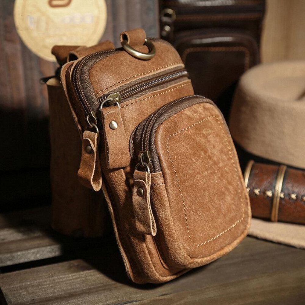 Herren Echtes Leder Gürteltasche Mit Mehreren Taschen Retro 6.5 Zoll Handytasche Gürteltasche Mit Haken