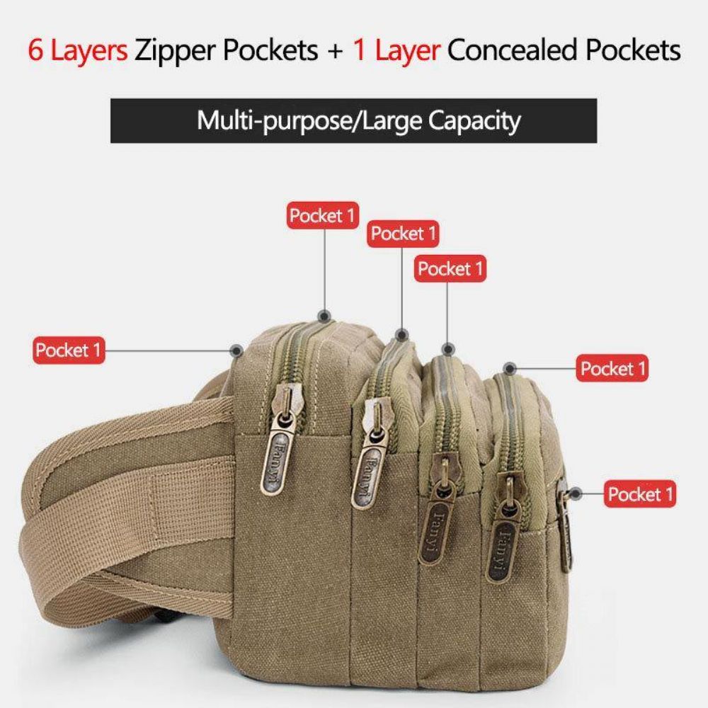 Herren Wasserdichte Multi-Pocket-Gürteltasche Canvas Große Kapazität Mehrzweck-Handytasche Brusttasche Umhängetasche Umhängetasche