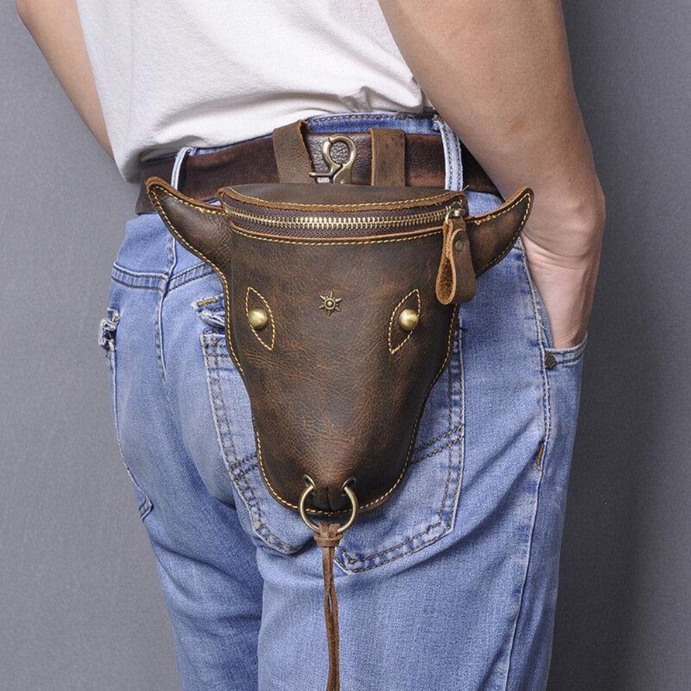 Männer Kuhkopf Form Große Kapazität Echtes Leder Crazy Horse Leder 7 Zoll Vintage Gürteltasche Beintasche