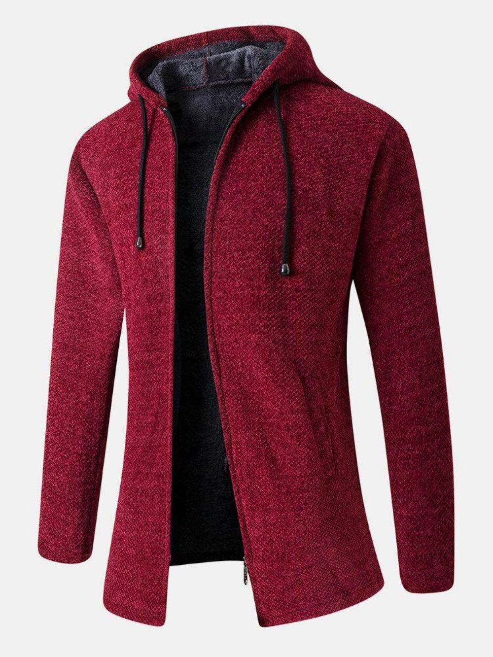 Einfarbiger Warmer Mittellanger Kapuzenpullover Mit Kordelzug Und Tasche Für Herren