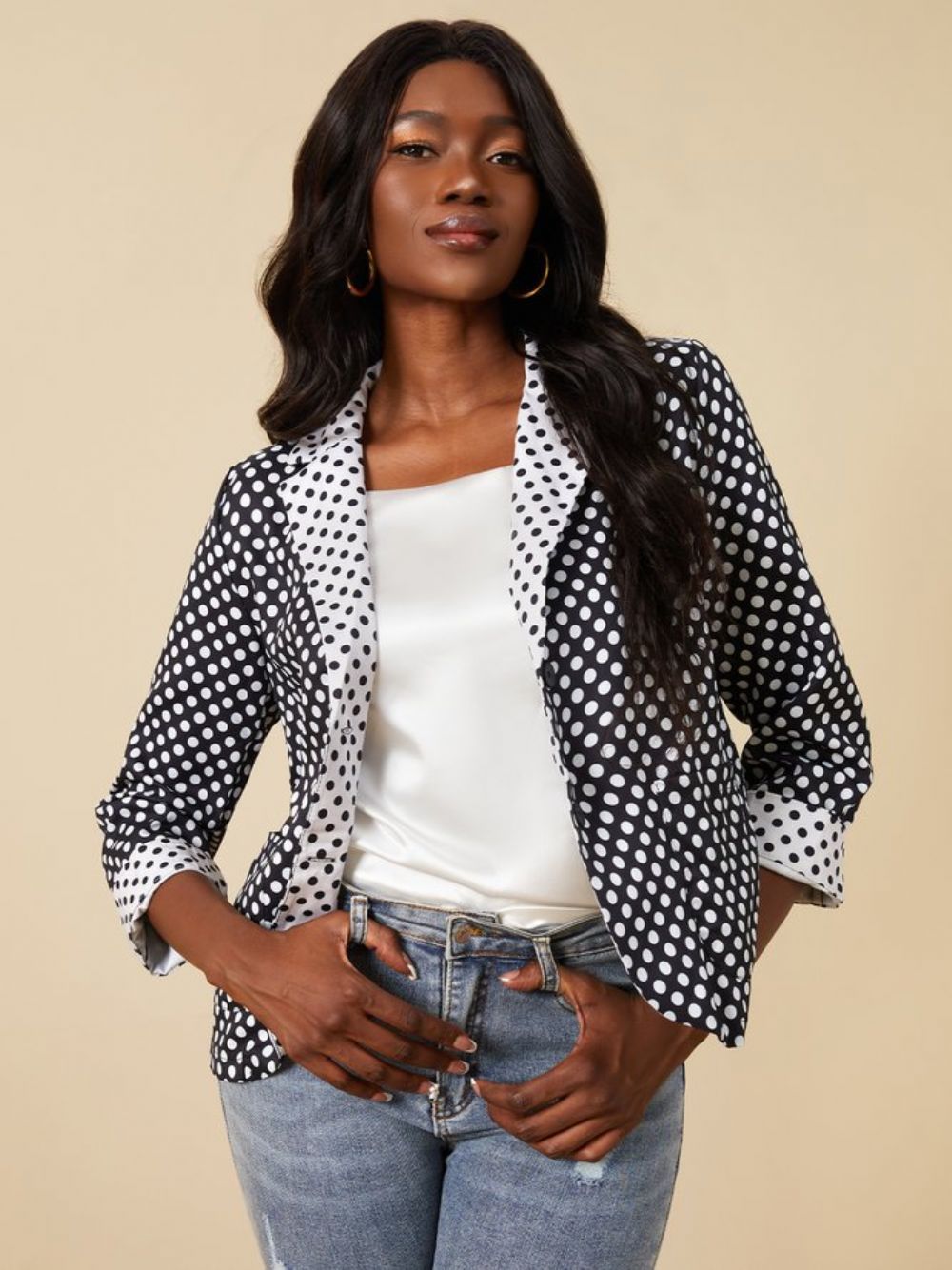 Farbblock-Blazer Mit Polka Dots-Revers Und 3/4-Ärmeln