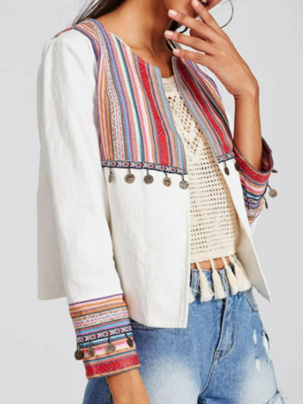 Geometrische Boho-Jacke Mit Rundhalsausschnitt