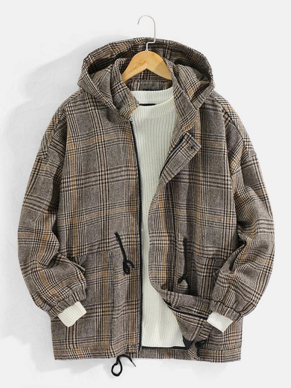 Herren Vintage Plaid Kordelzug Taillentasche Warme Kapuzenmäntel