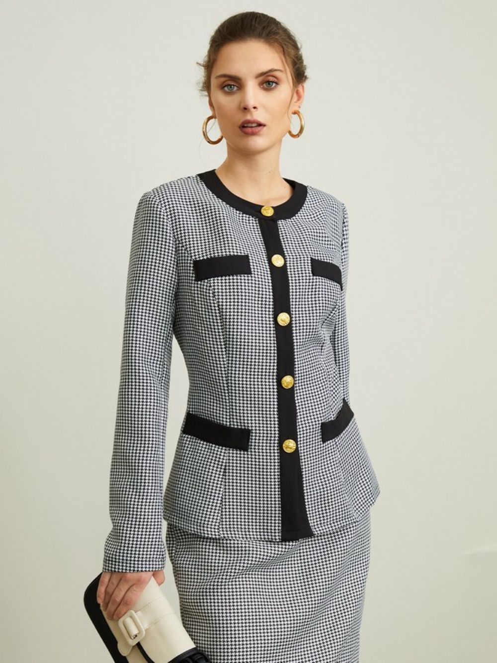 Urban Regular Fit Hahnentritt-Blazer Mit Rundhalsausschnitt