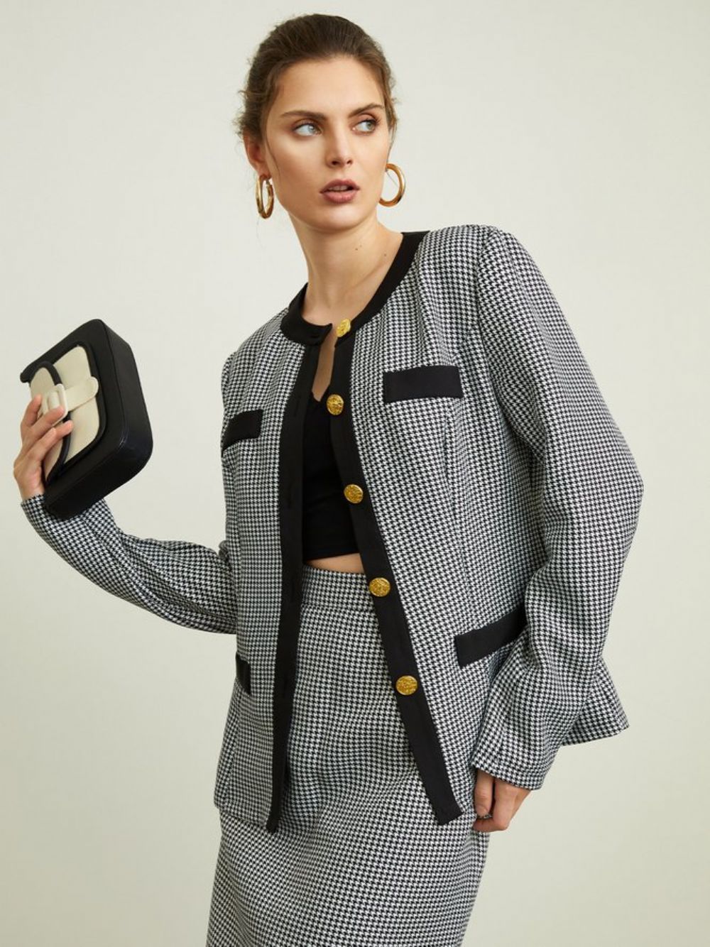 Urban Regular Fit Hahnentritt-Blazer Mit Rundhalsausschnitt