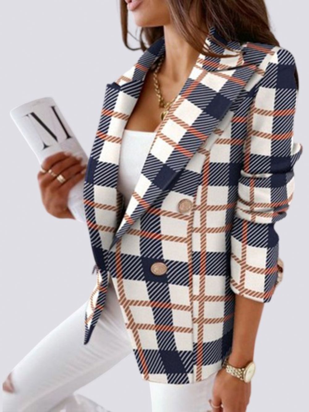 Work Plaid Reverskragen Langarm Zweireihiger Blazer