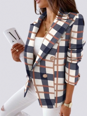 Work Plaid Reverskragen Langarm Zweireihiger Blazer