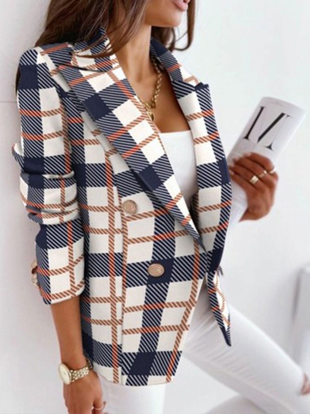 Work Plaid Reverskragen Langarm Zweireihiger Blazer