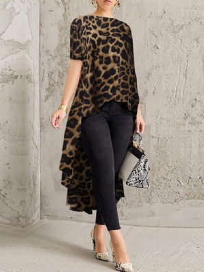 100 % Polyester Leopard Print High Low Bluse Für Frauen