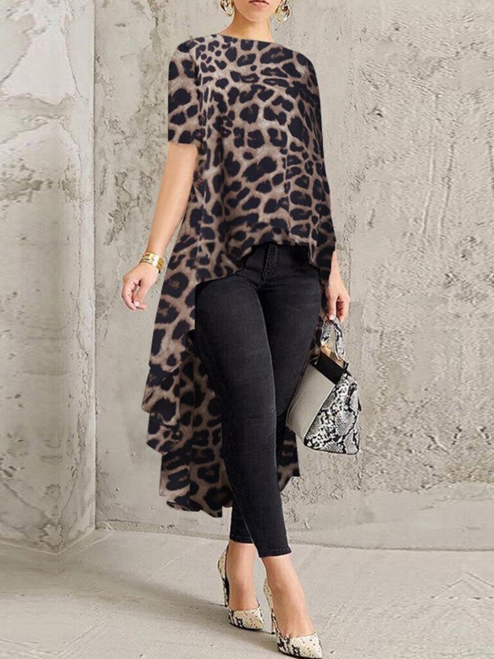 100 % Polyester Leopard Print High Low Bluse Für Frauen