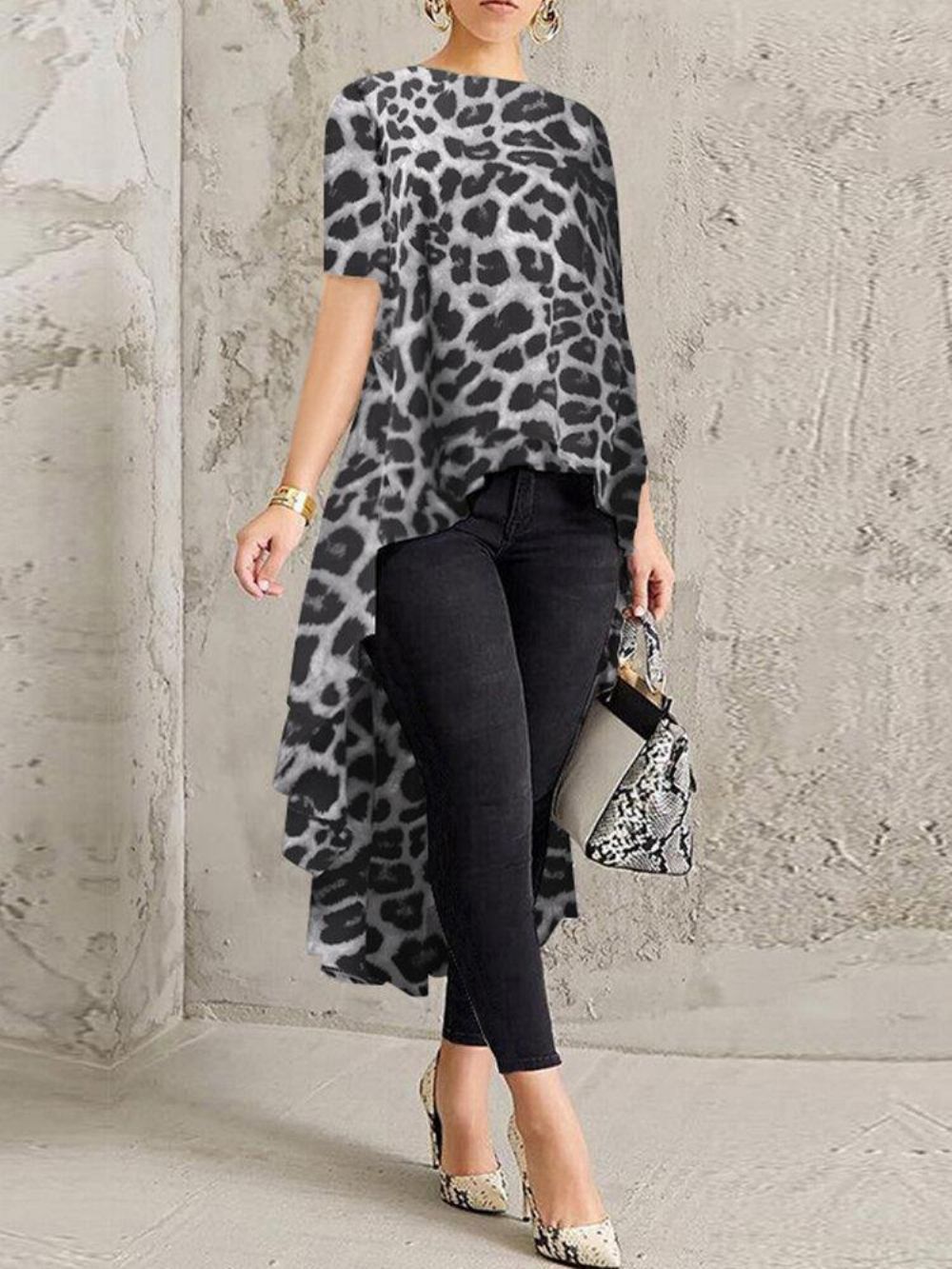 100 % Polyester Leopard Print High Low Bluse Für Frauen