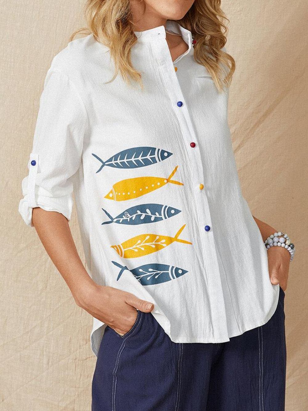 Cartoon Fish Print Knopf Stehkragen Langarm Freizeitbluse Für Frauen