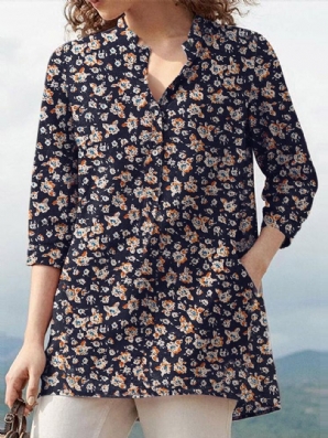 Damen-Bluse Aus 100 % Baumwolle Mit Blumenmuster Böhmischer Retro-Stil V-Ausschnitt Seitentaschen