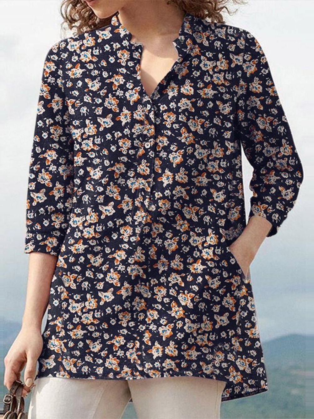 Damen-Bluse Aus 100 % Baumwolle Mit Blumenmuster Böhmischer Retro-Stil V-Ausschnitt Seitentaschen