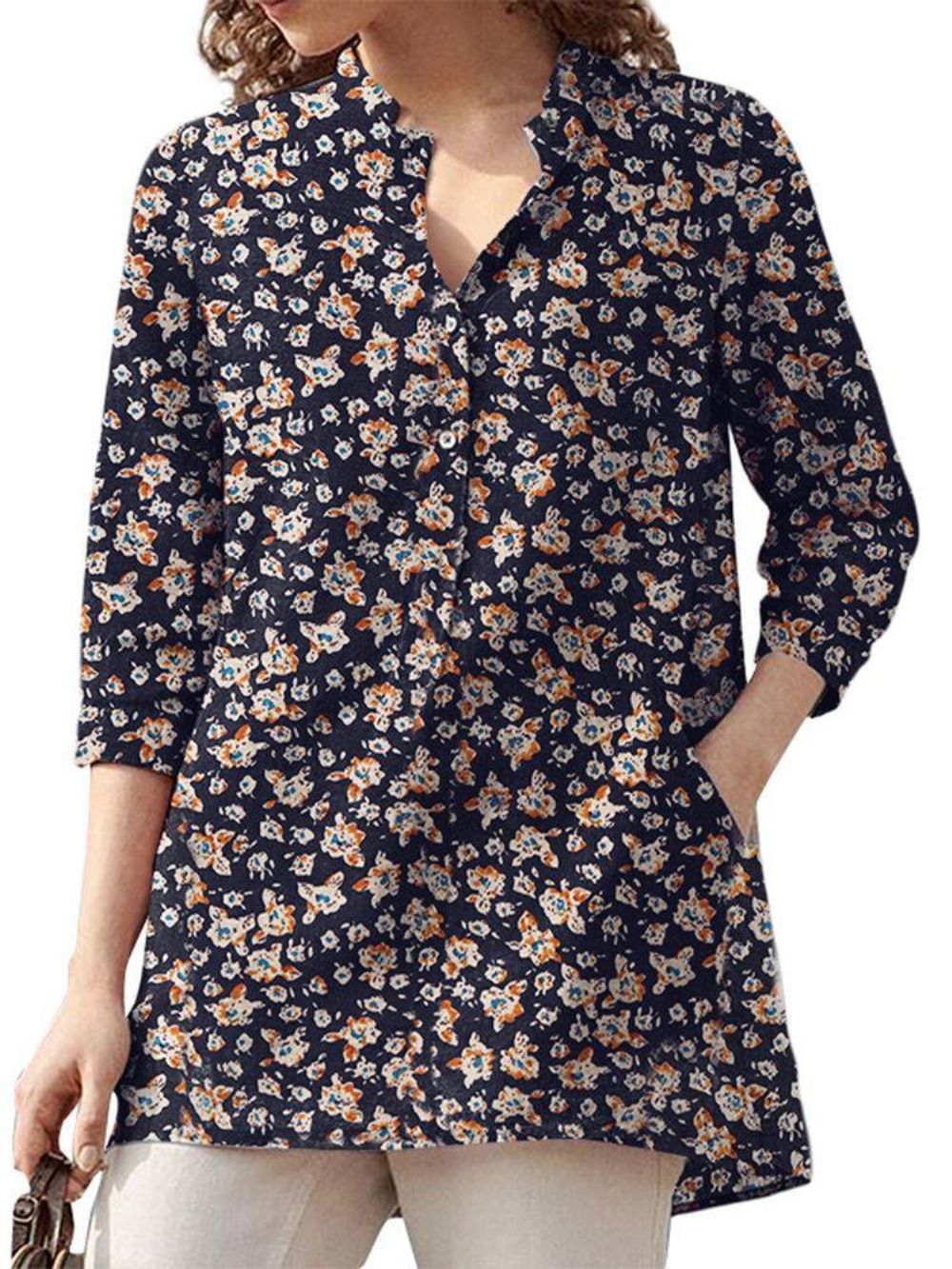 Damen-Bluse Aus 100 % Baumwolle Mit Blumenmuster Böhmischer Retro-Stil V-Ausschnitt Seitentaschen