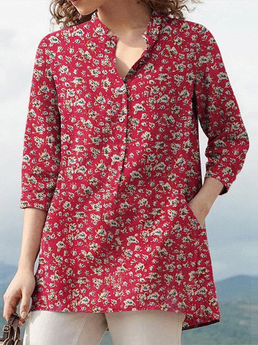 Damen-Bluse Aus 100 % Baumwolle Mit Blumenmuster Böhmischer Retro-Stil V-Ausschnitt Seitentaschen