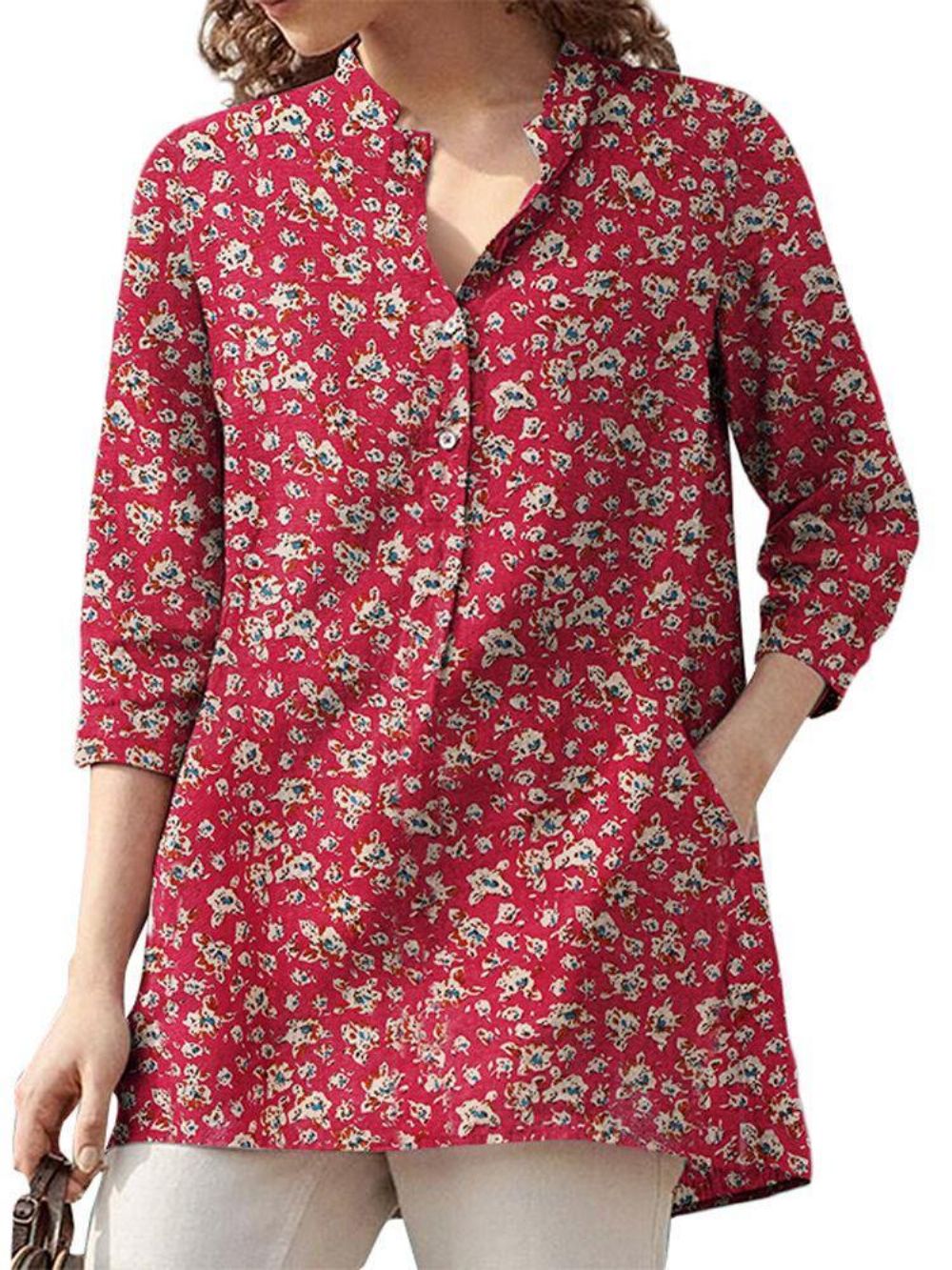 Damen-Bluse Aus 100 % Baumwolle Mit Blumenmuster Böhmischer Retro-Stil V-Ausschnitt Seitentaschen