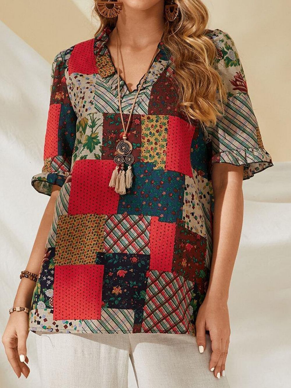 Freizeitbluse Aus 100 % Baumwolle Mit Patchwork-Print Für Damen