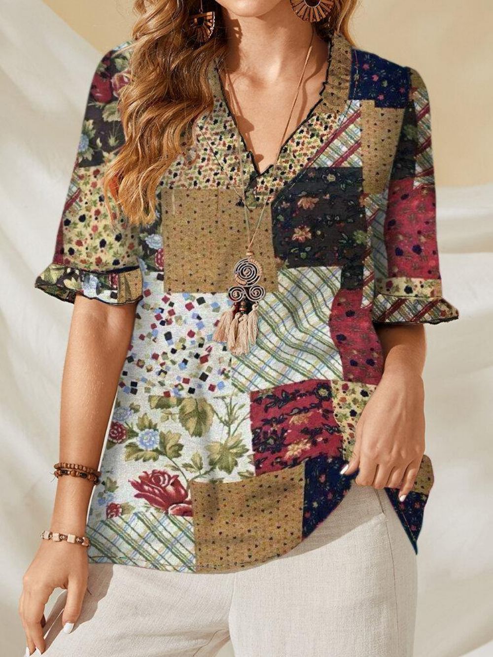 Freizeitbluse Aus 100 % Baumwolle Mit Patchwork-Print Für Damen