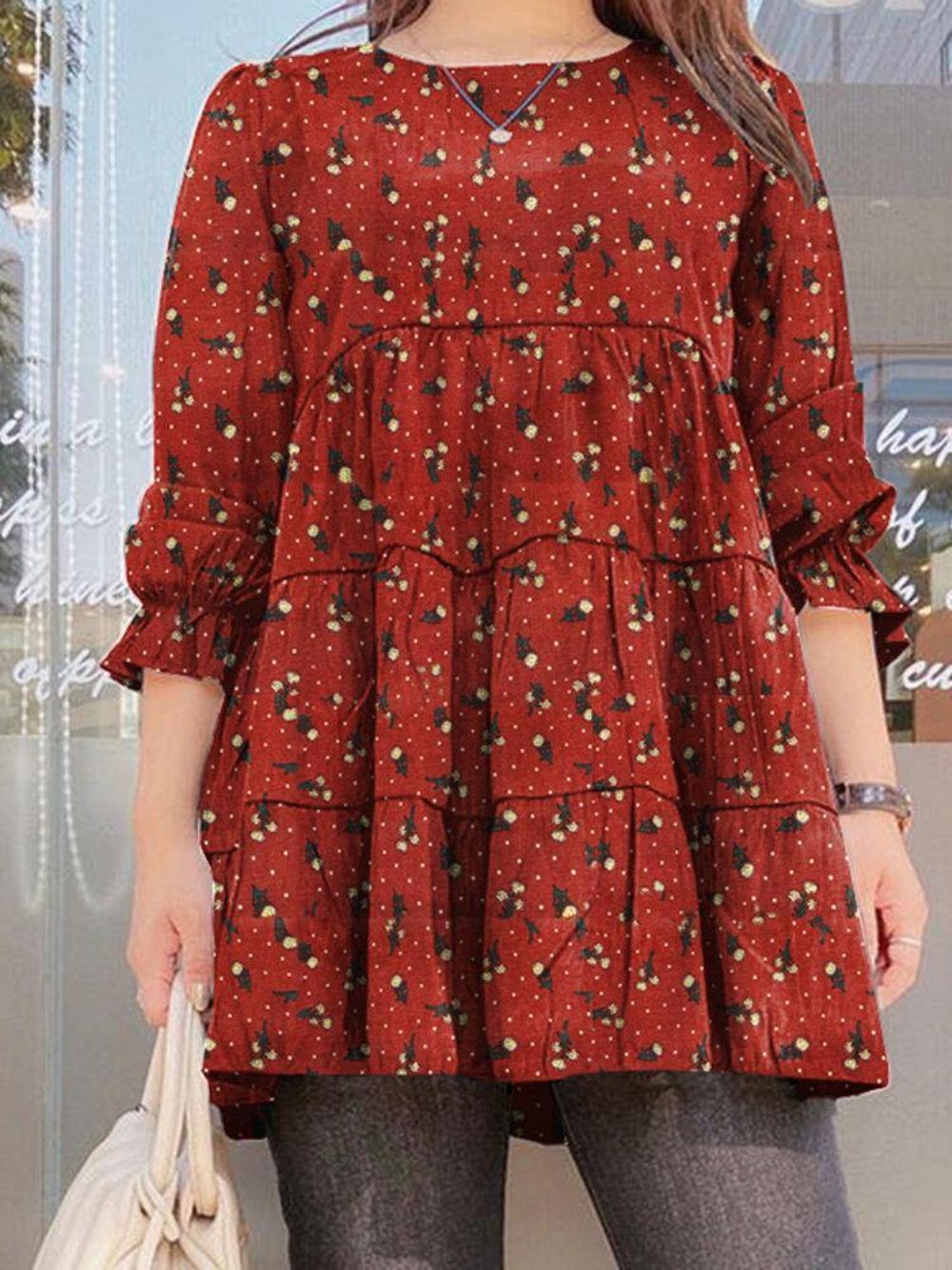 Lässige Puffärmel Rundhals Langarm Gespleißte Vintage Plissee Bluse Für Damen