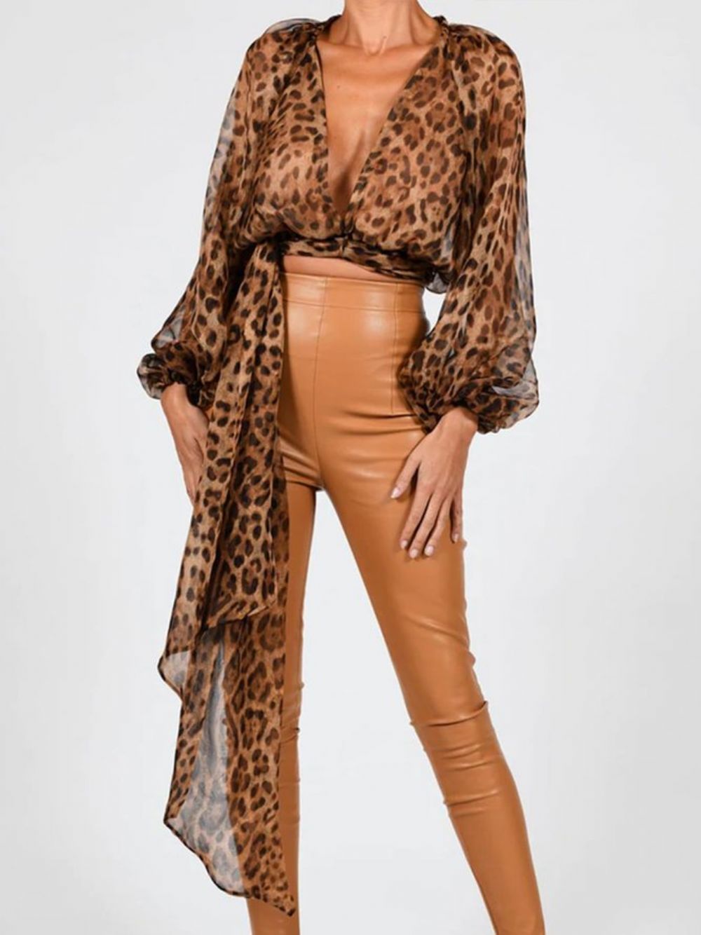 Langarm Fit Leopard Urban Chiffon Top Mit Hoher Taille