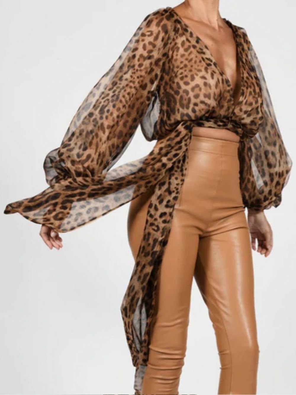 Langarm Fit Leopard Urban Chiffon Top Mit Hoher Taille