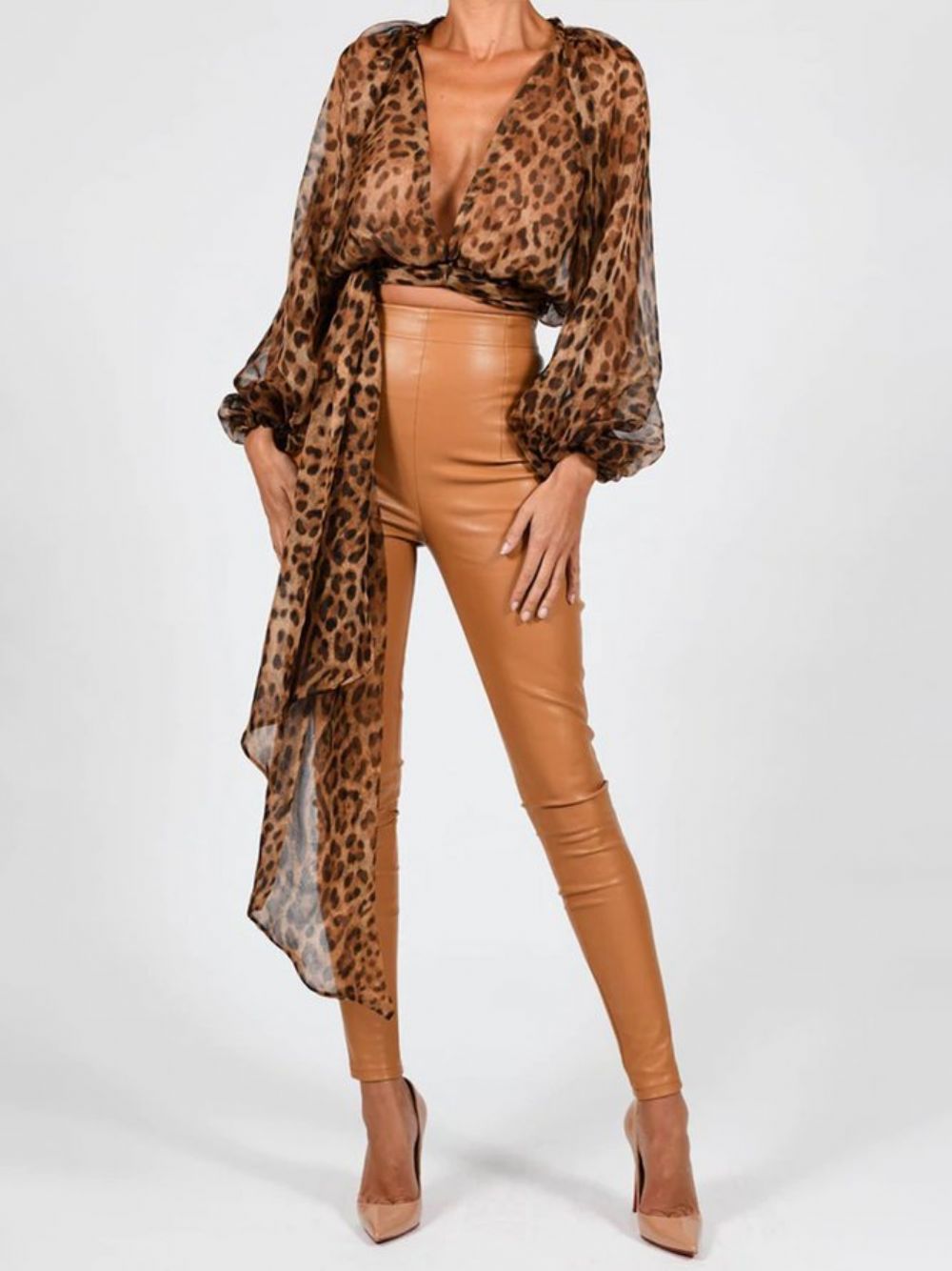 Langarm Fit Leopard Urban Chiffon Top Mit Hoher Taille