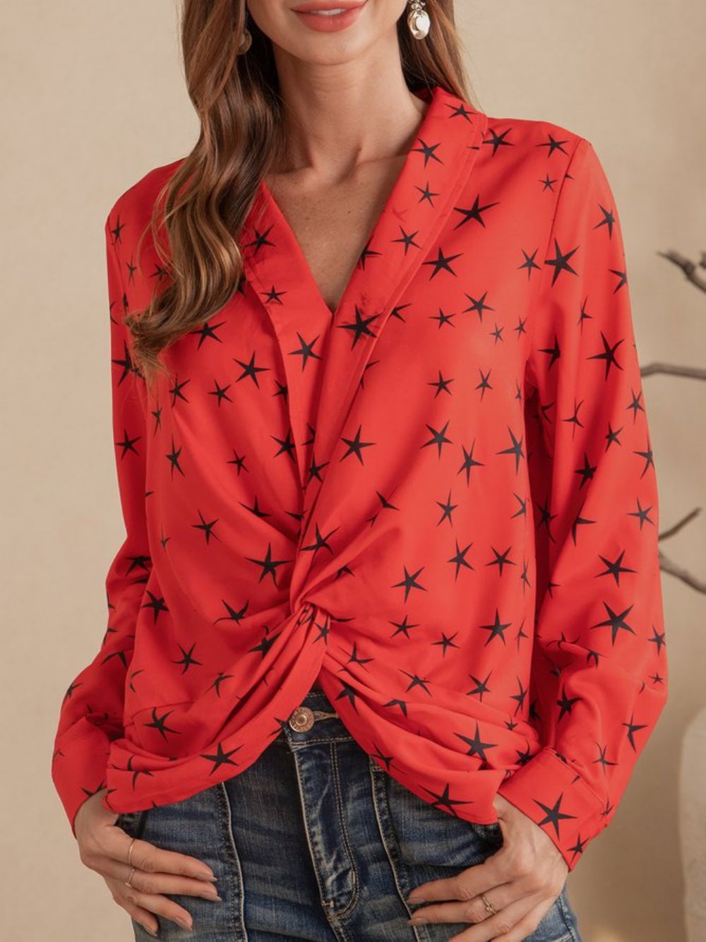 Rotes Casual Star Shift Top Mit V-Ausschnitt