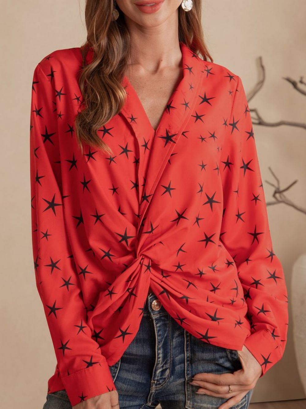 Rotes Casual Star Shift Top Mit V-Ausschnitt