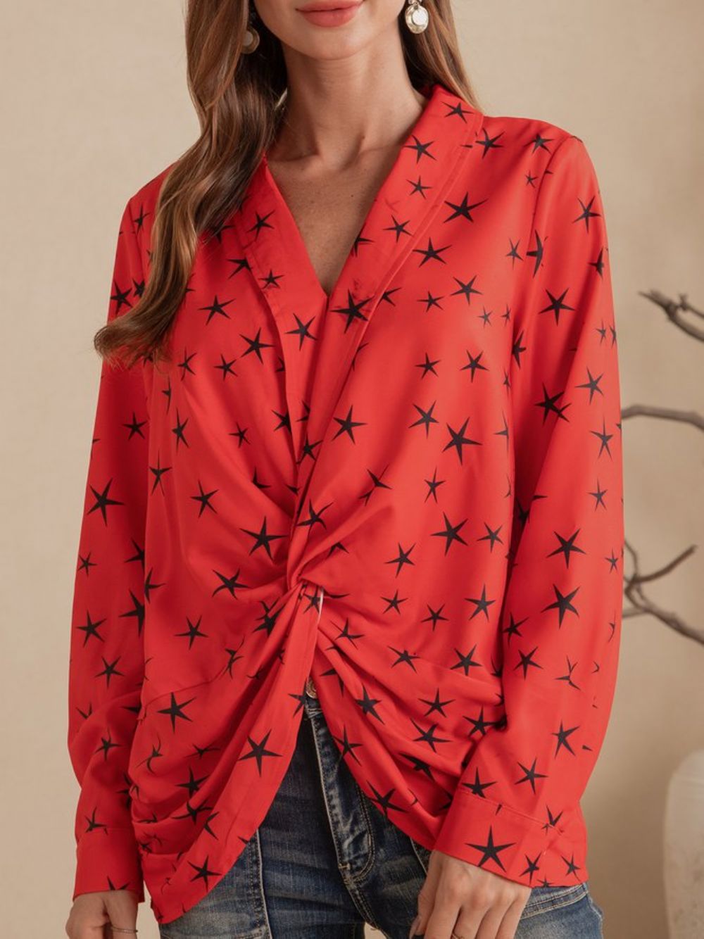 Rotes Casual Star Shift Top Mit V-Ausschnitt