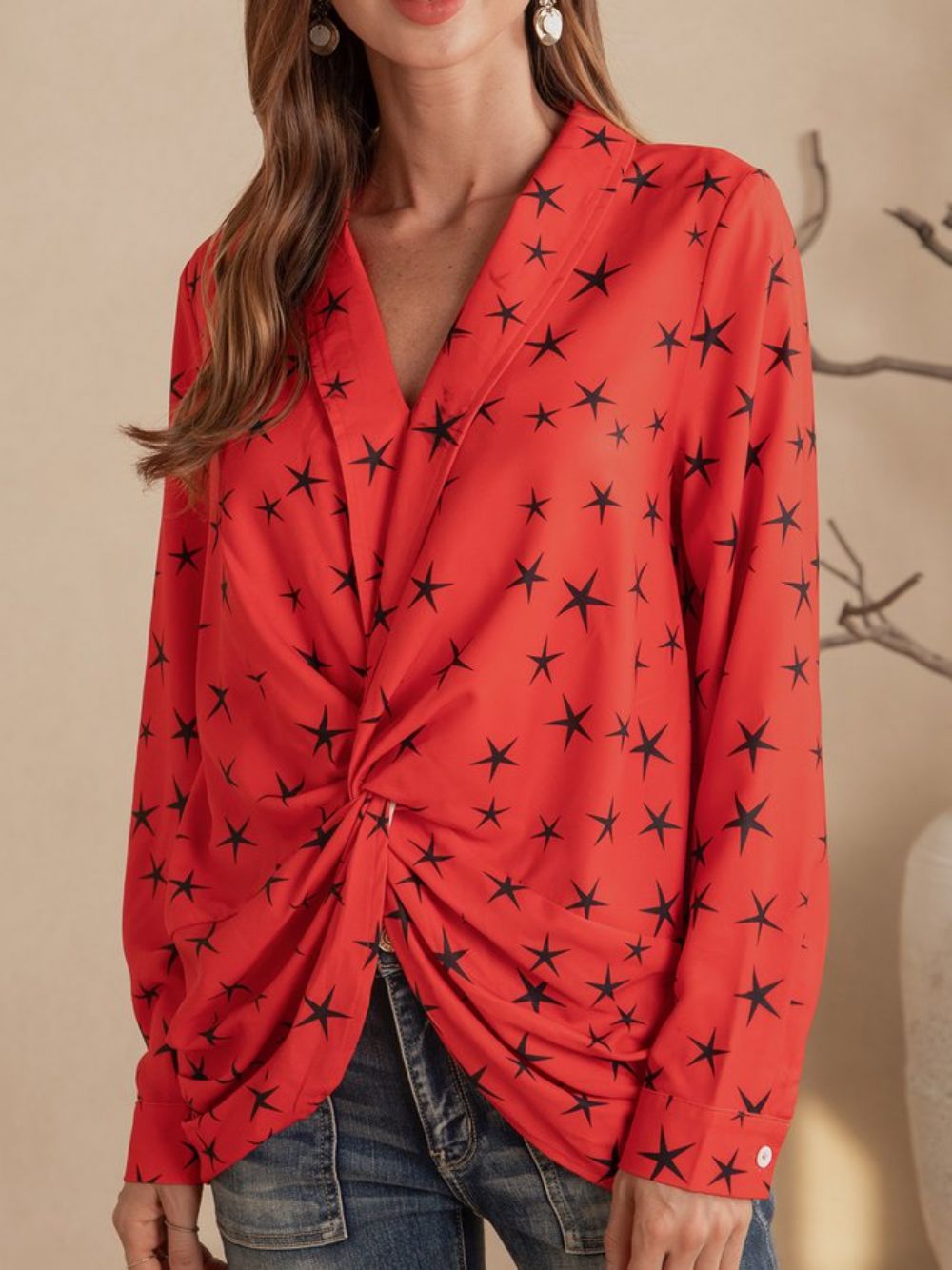 Rotes Casual Star Shift Top Mit V-Ausschnitt