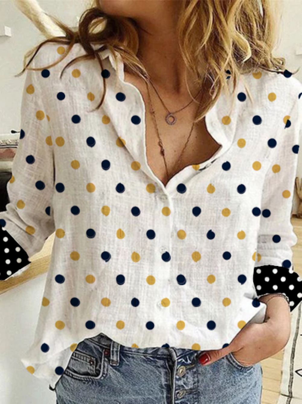 Vintage Hemdkragen Baumwolle Polka Dots Bluse