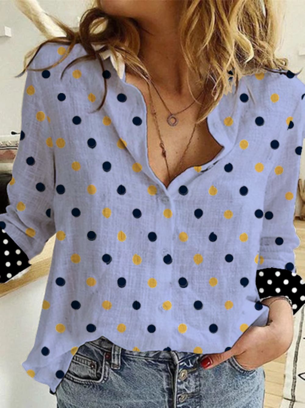 Vintage Hemdkragen Baumwolle Polka Dots Bluse