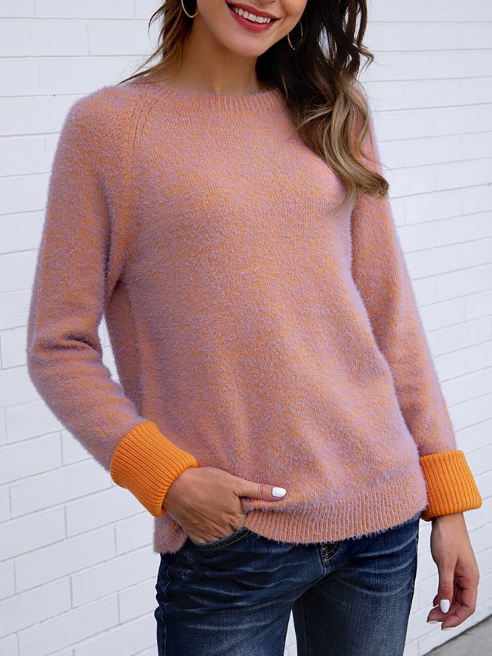 Lässiger Pullover Im Farbblock-Design In Orange