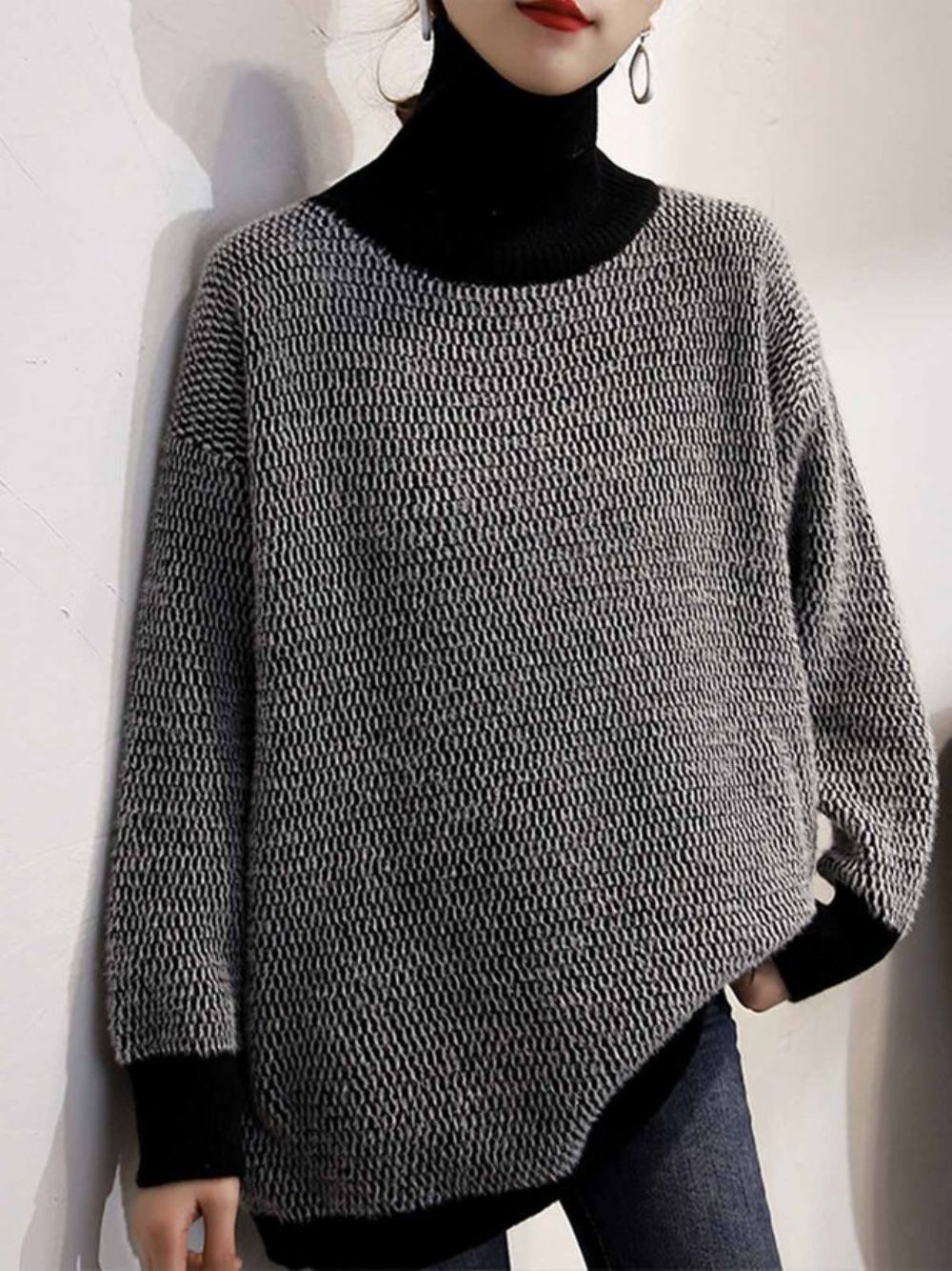 Langärmliger Rollkragen-Farbblock-Eleganter Pullover