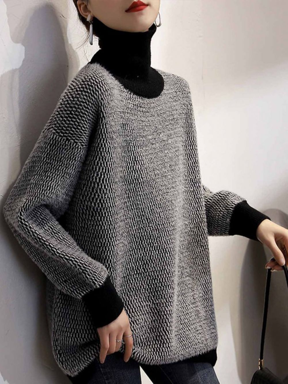 Langärmliger Rollkragen-Farbblock-Eleganter Pullover