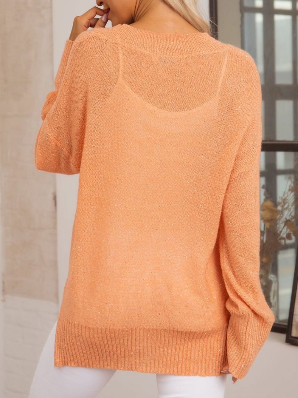 Orangefarbener Einfarbiger Langarm-Pullover Aus Einer Baumwollmischung