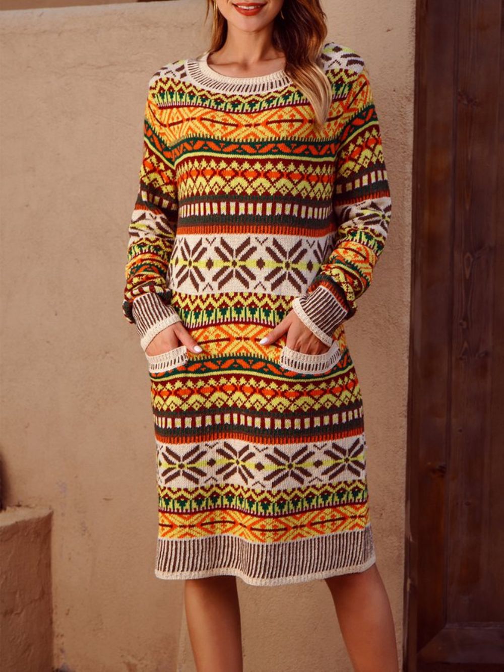 Tribal Langarm-Pullover Mit Rundhalsausschnitt