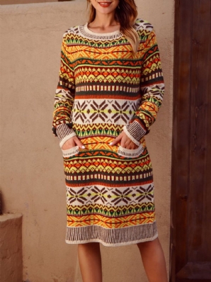 Tribal Langarm-Pullover Mit Rundhalsausschnitt