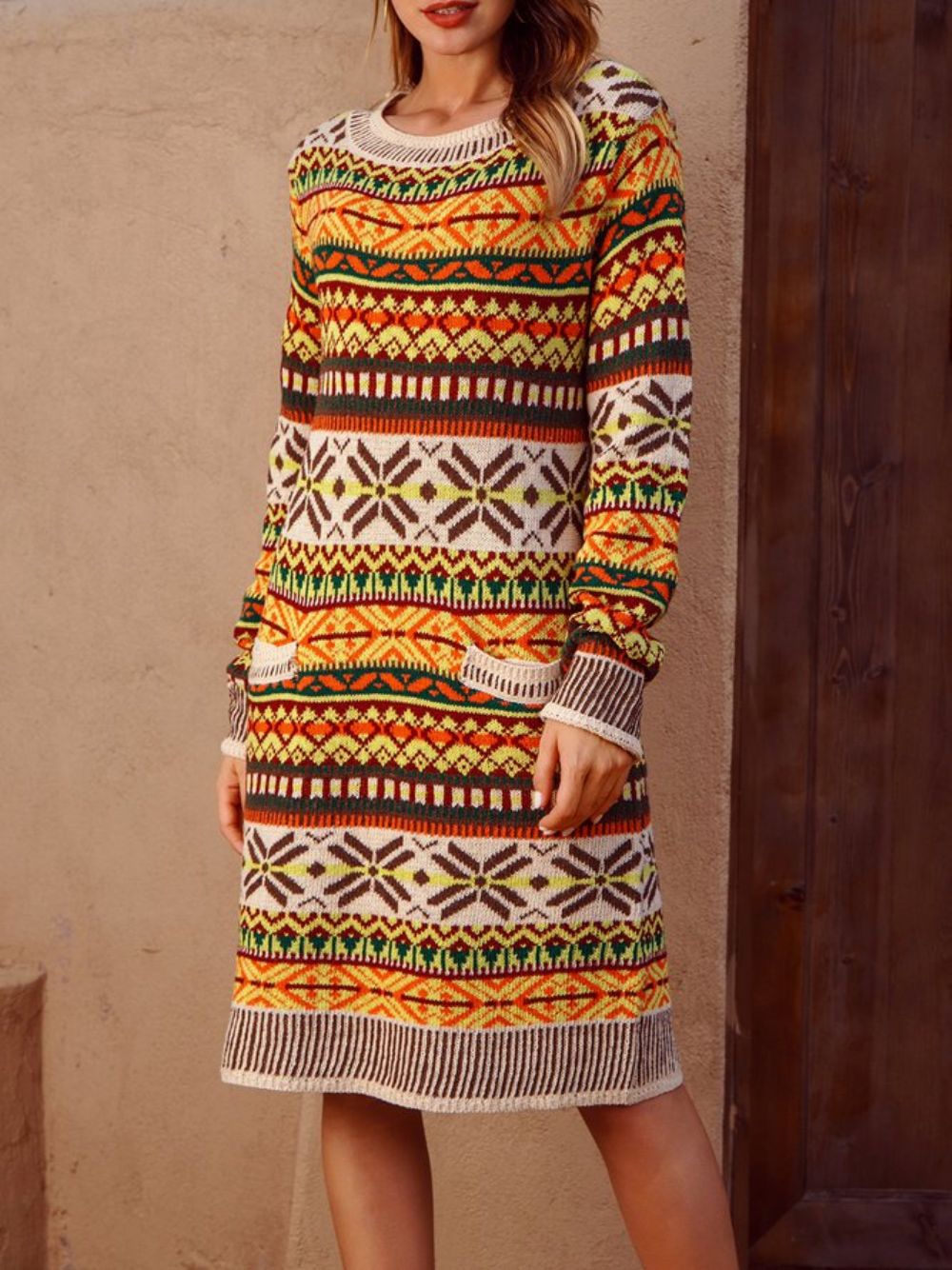 Tribal Langarm-Pullover Mit Rundhalsausschnitt