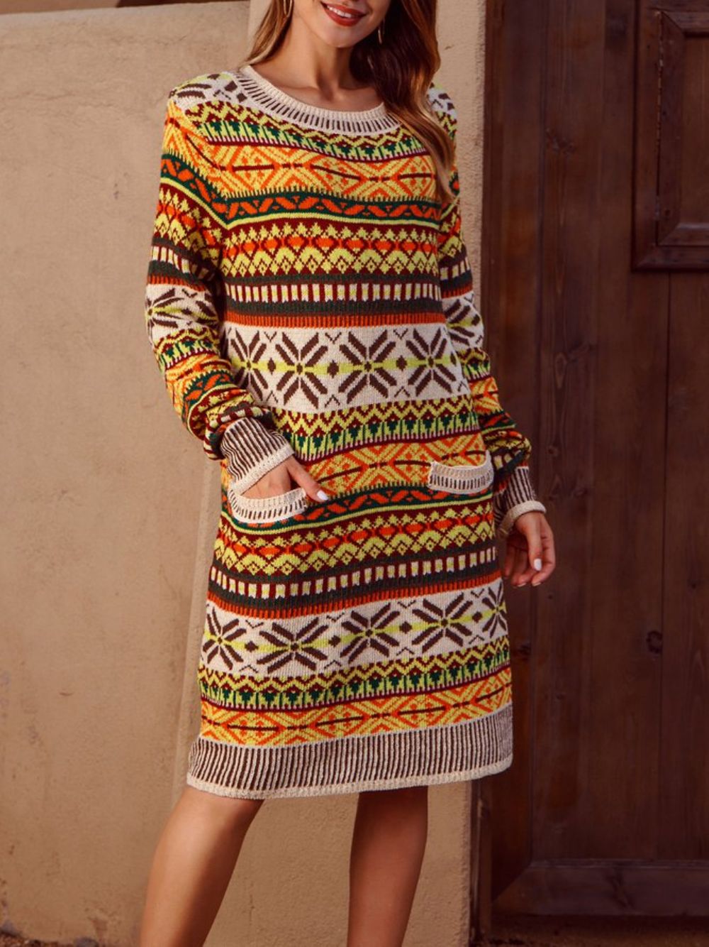 Tribal Langarm-Pullover Mit Rundhalsausschnitt