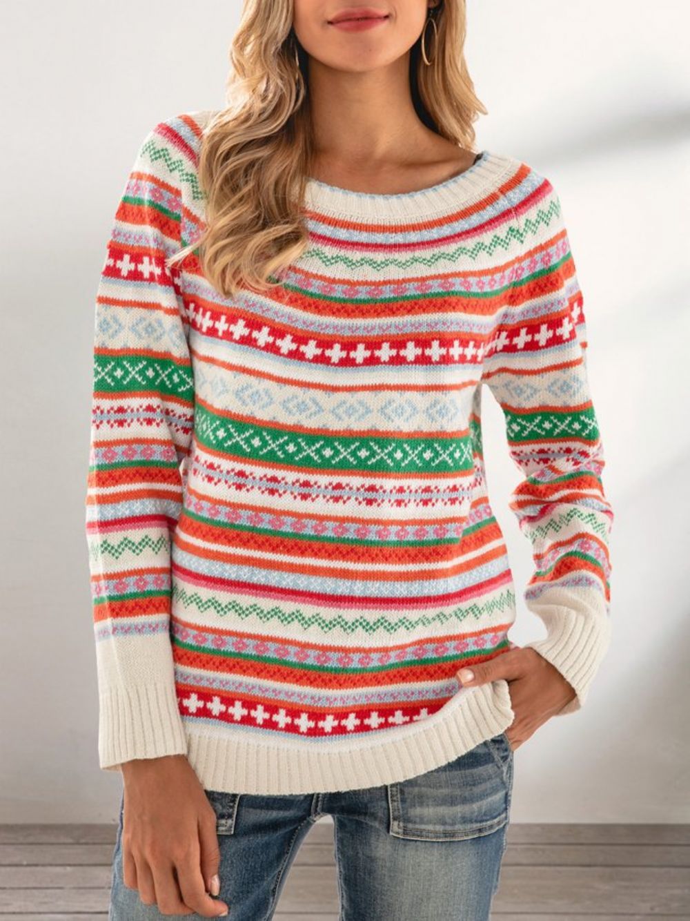 Tribal-Langarmpullover Mit Rundhalsausschnitt