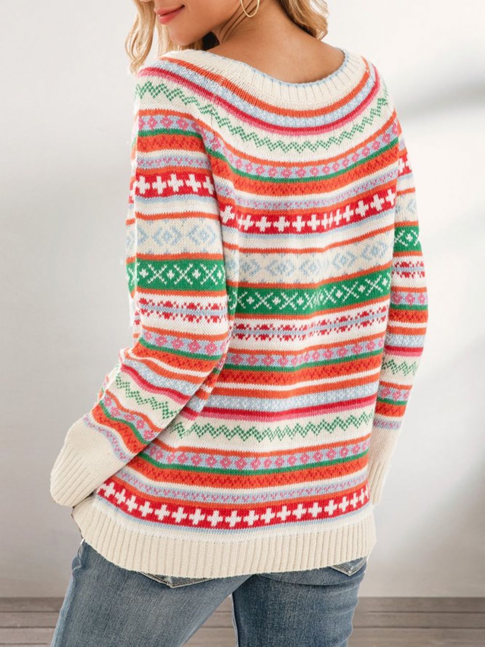 Tribal-Langarmpullover Mit Rundhalsausschnitt