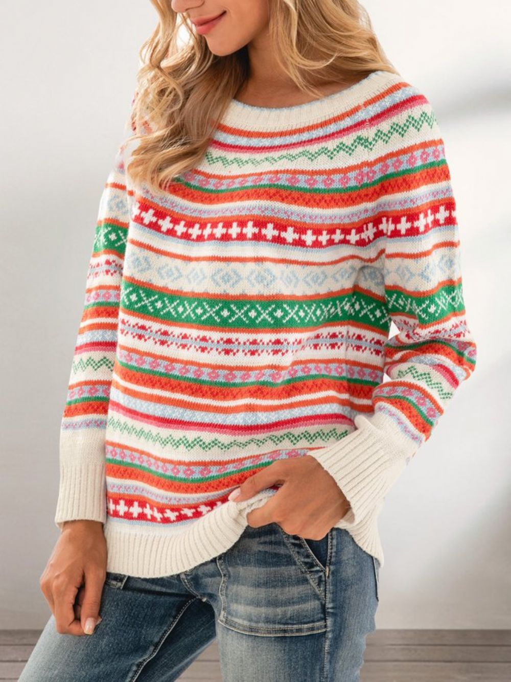 Tribal-Langarmpullover Mit Rundhalsausschnitt