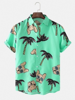 Hawaii Holiday Cartoon Dog & Coconut Tree Print Shirts Für Herren